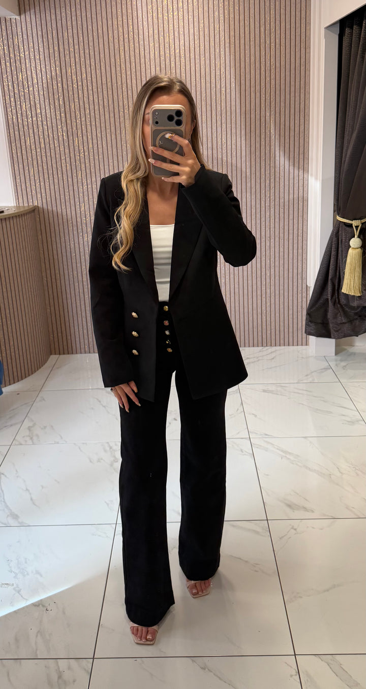 Charlotte Black Structured Blazer With Gold Buttons