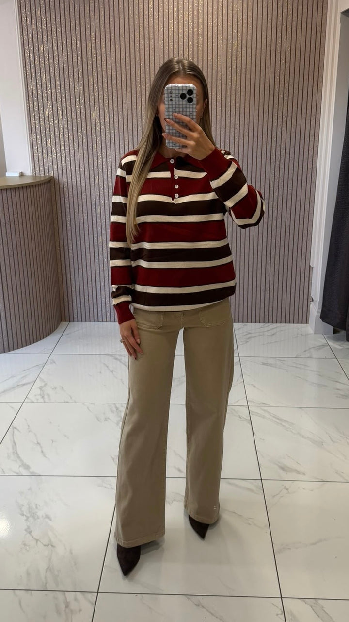 Erin Burgundy, Cream &amp; Chocolate Striped Button Up Knit Jumper