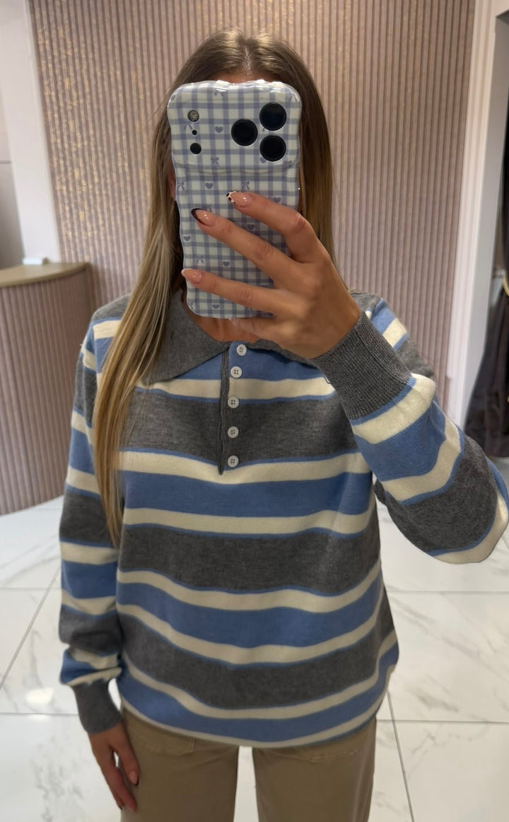 Erin Grey, Blue &amp; Cream Striped Button Up Knit Jumper