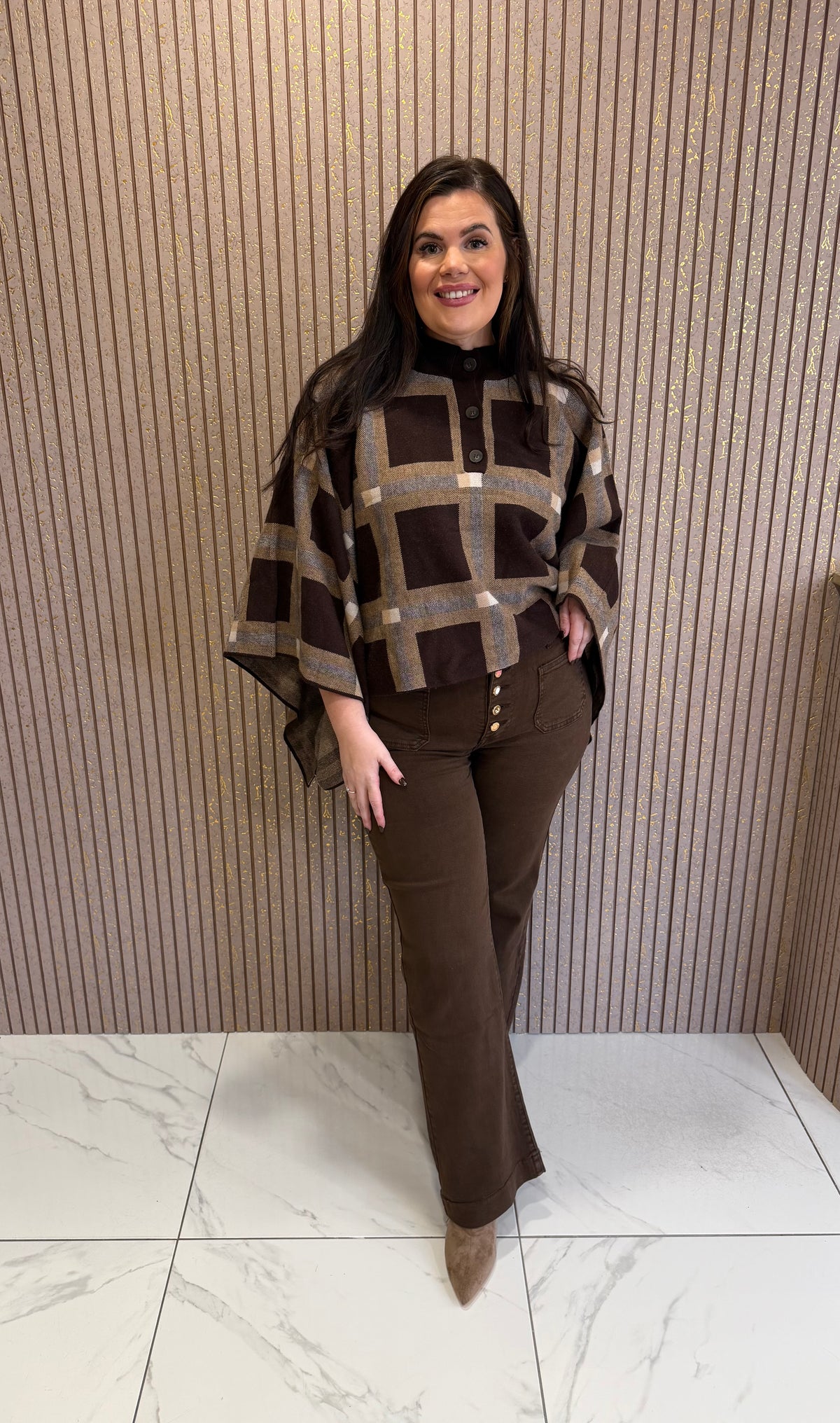 Arabella Chocolate Check Knit Poncho/Cardigan/Cape