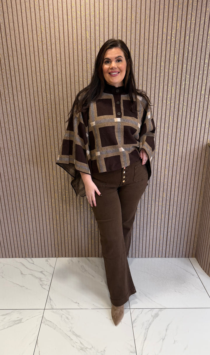 Arabella Chocolate Check Knit Poncho/Cardigan/Cape