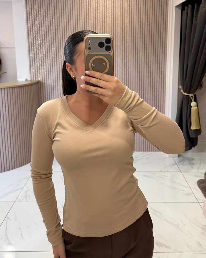 Lottie Beige V Neck Cotton Long Sleeve Top