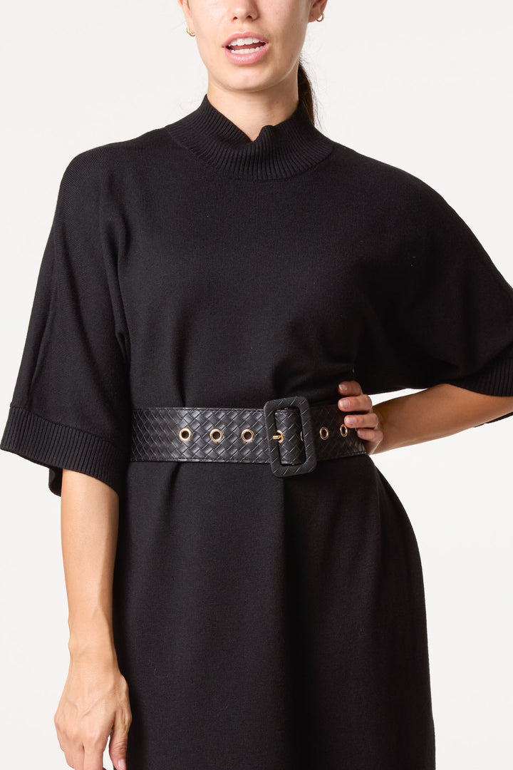 Carly Black Belted Knit Dress