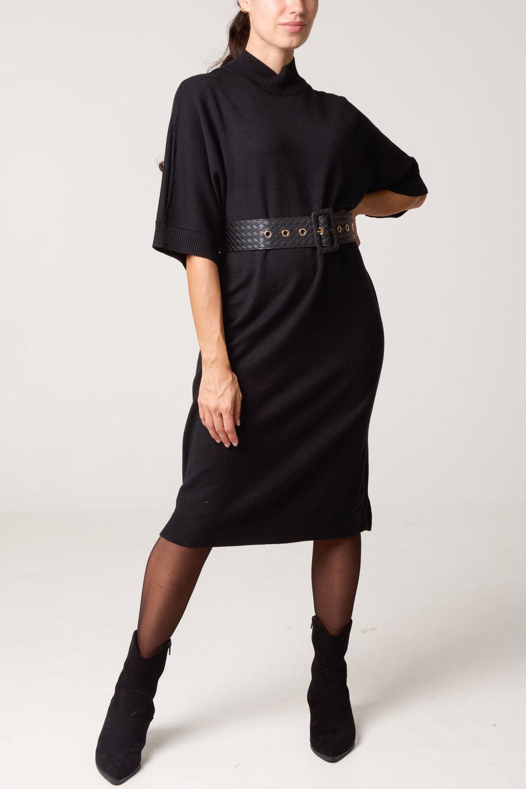 Carly Black Belted Knit Dress