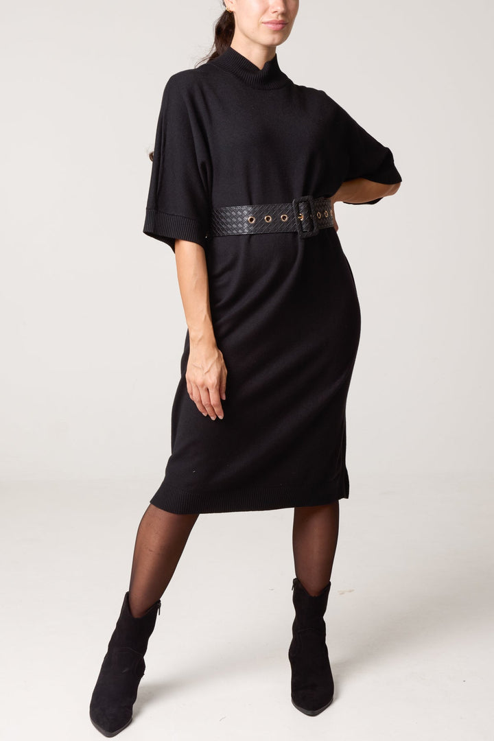 Carly Black Belted Knit Dress