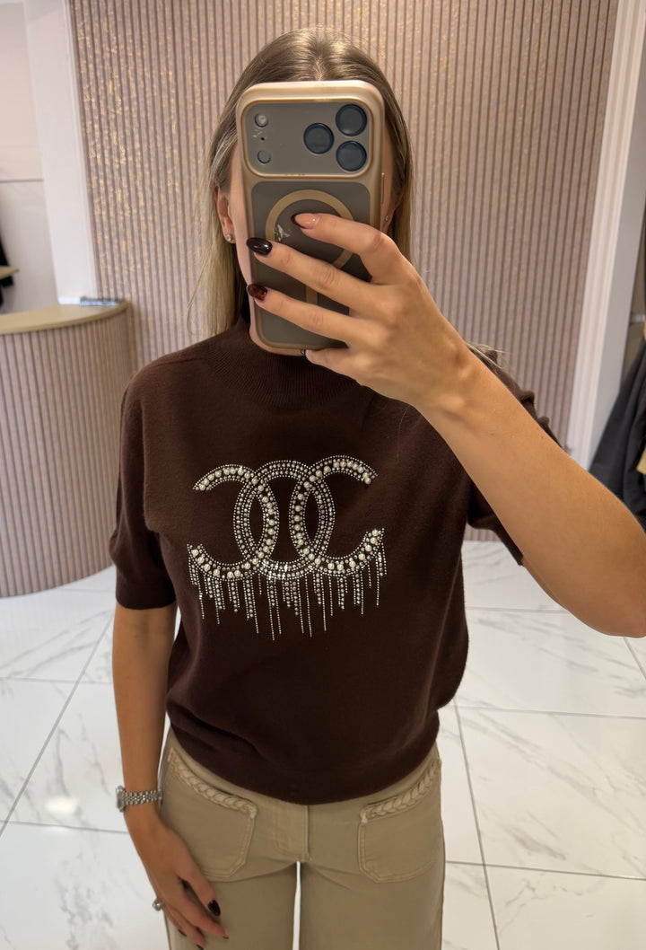 Chantelle Chocolate Pearl &amp; Crystal Knit Top