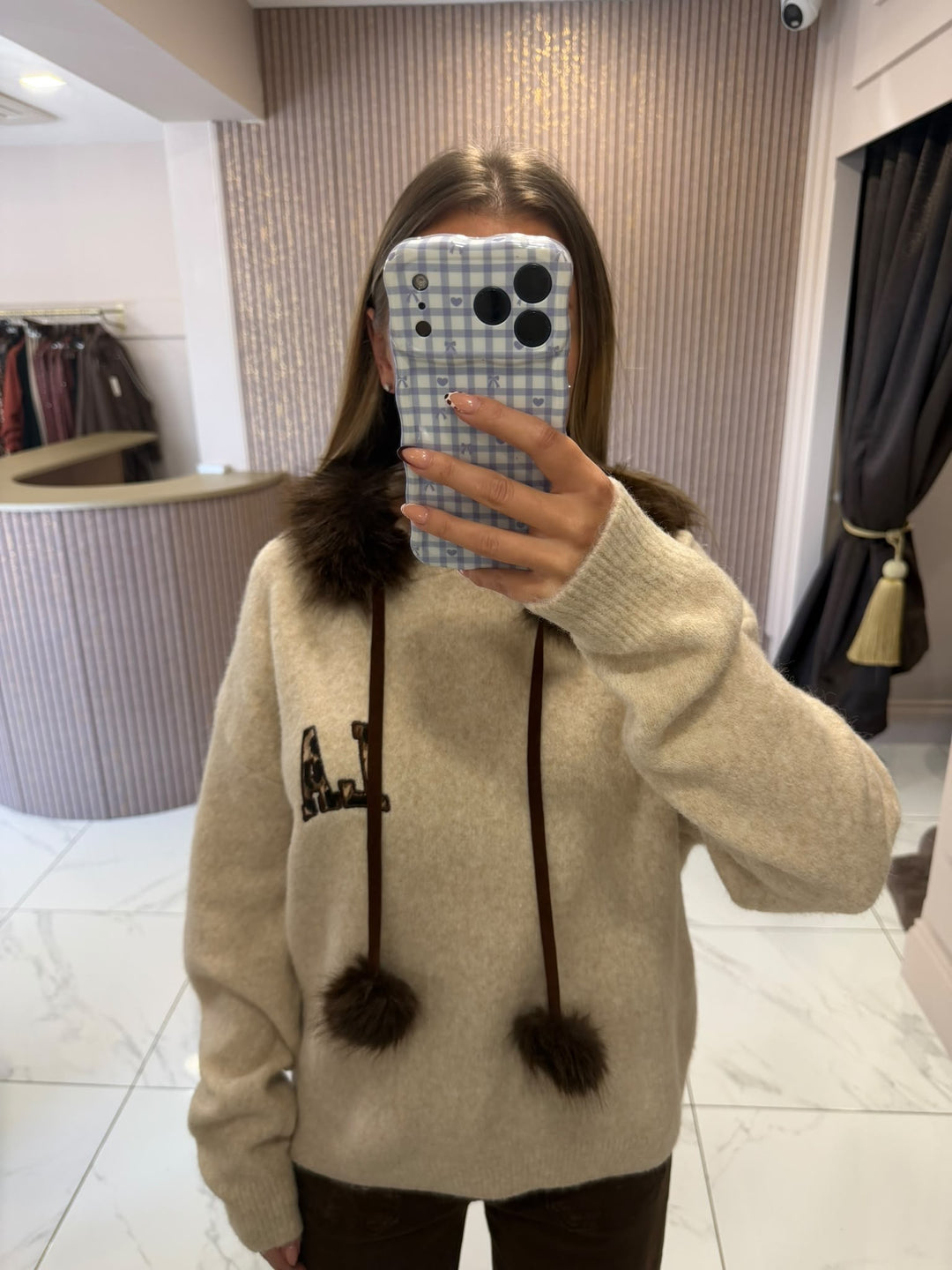 Los Angeles Cream Leopard Print Knit Jumper With Faux Fur Trim