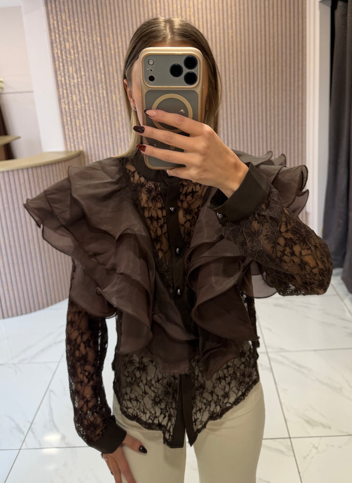 Bria Chocolate Lace Ruffle Blouse