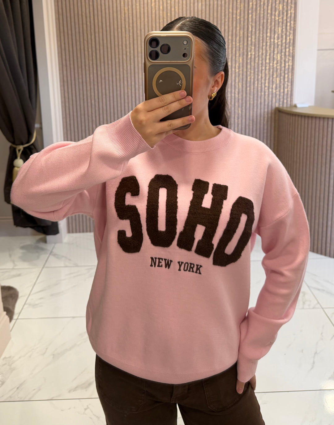 SOHO New York Pink &amp; Chocolate Knit Jumper