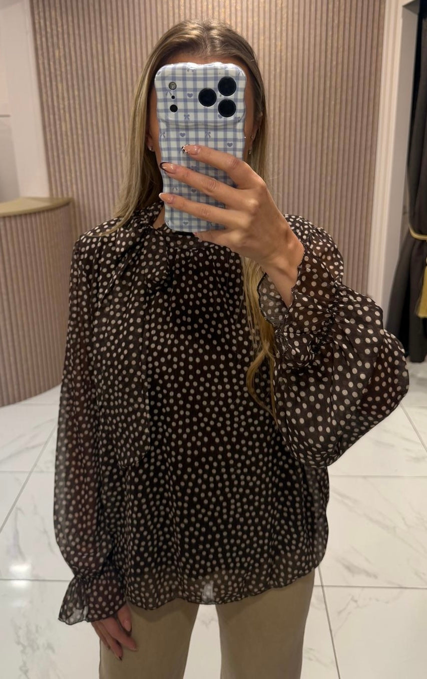 Marnie Chocolate Polka Dot Print Bow Blouse