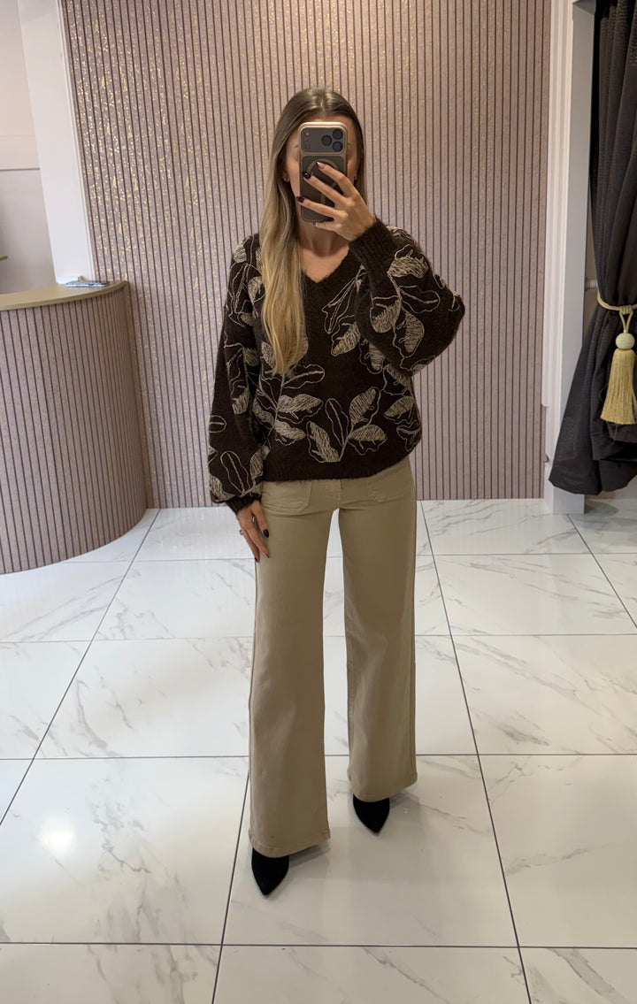 Margot Floral Embroidered Chocolate Knit Jumper
