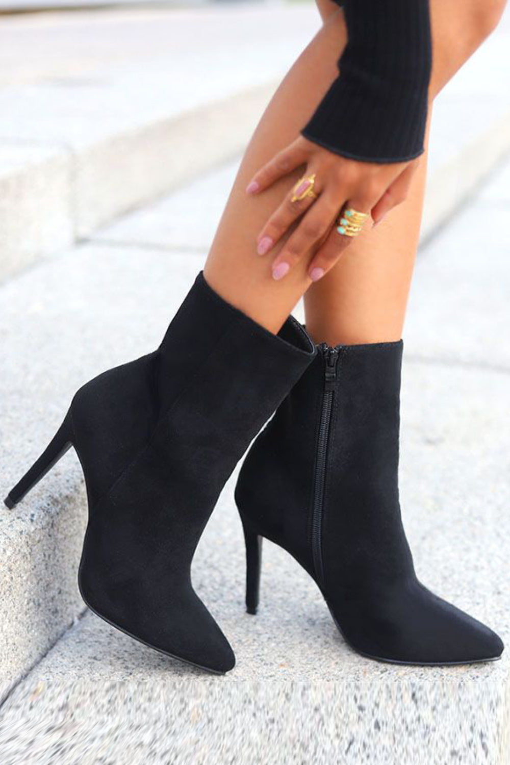 Cara Black Suede Pointed Toe Stiletto Ankle Boots