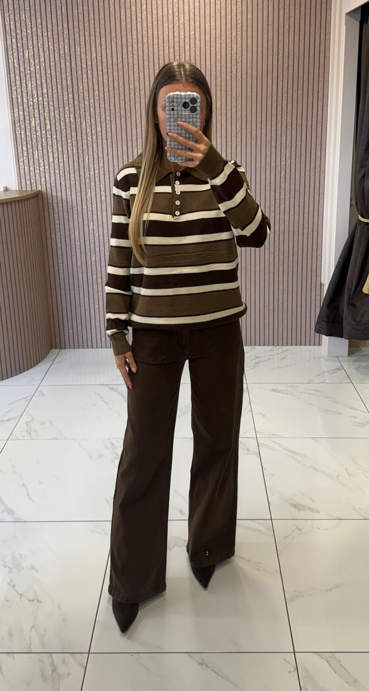 Erin Taupe Striped Button Up Knit Jumper