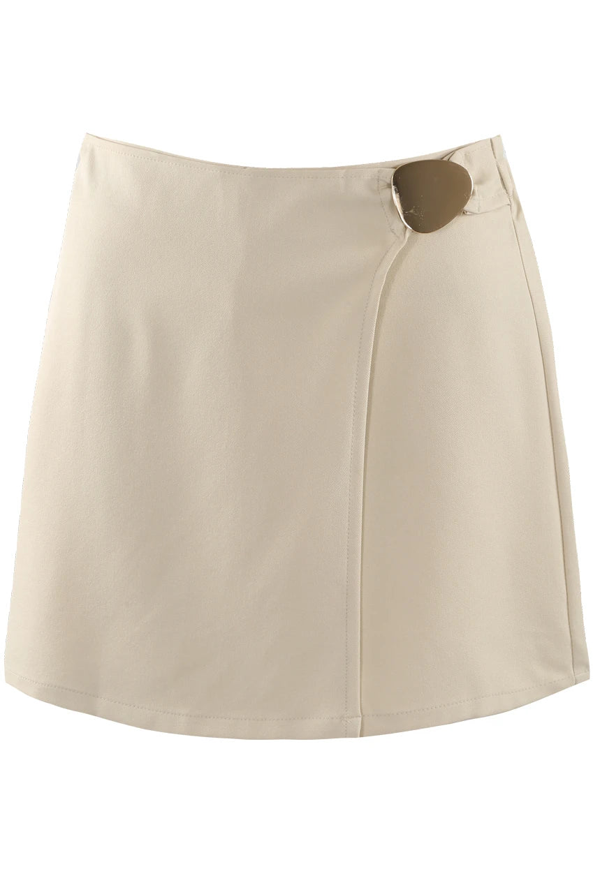 Ivy Beige Wrap Skort With Gold Circular Buckle