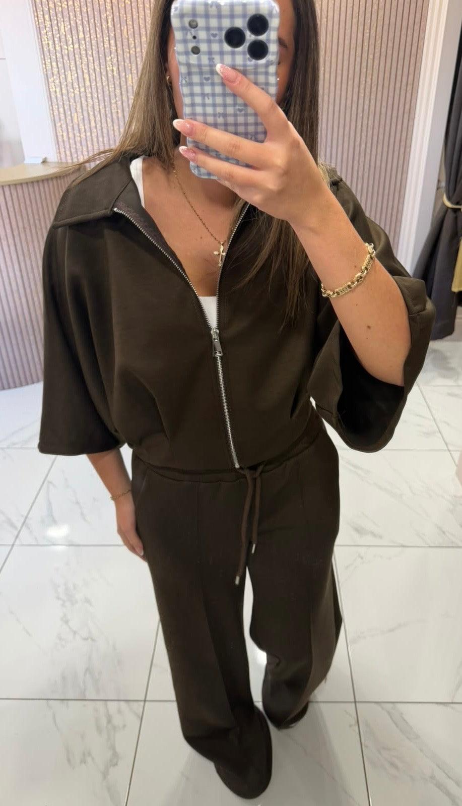 Orla Chocolate Zip Jacket &amp; Trousers Lounge Set/Co-ord