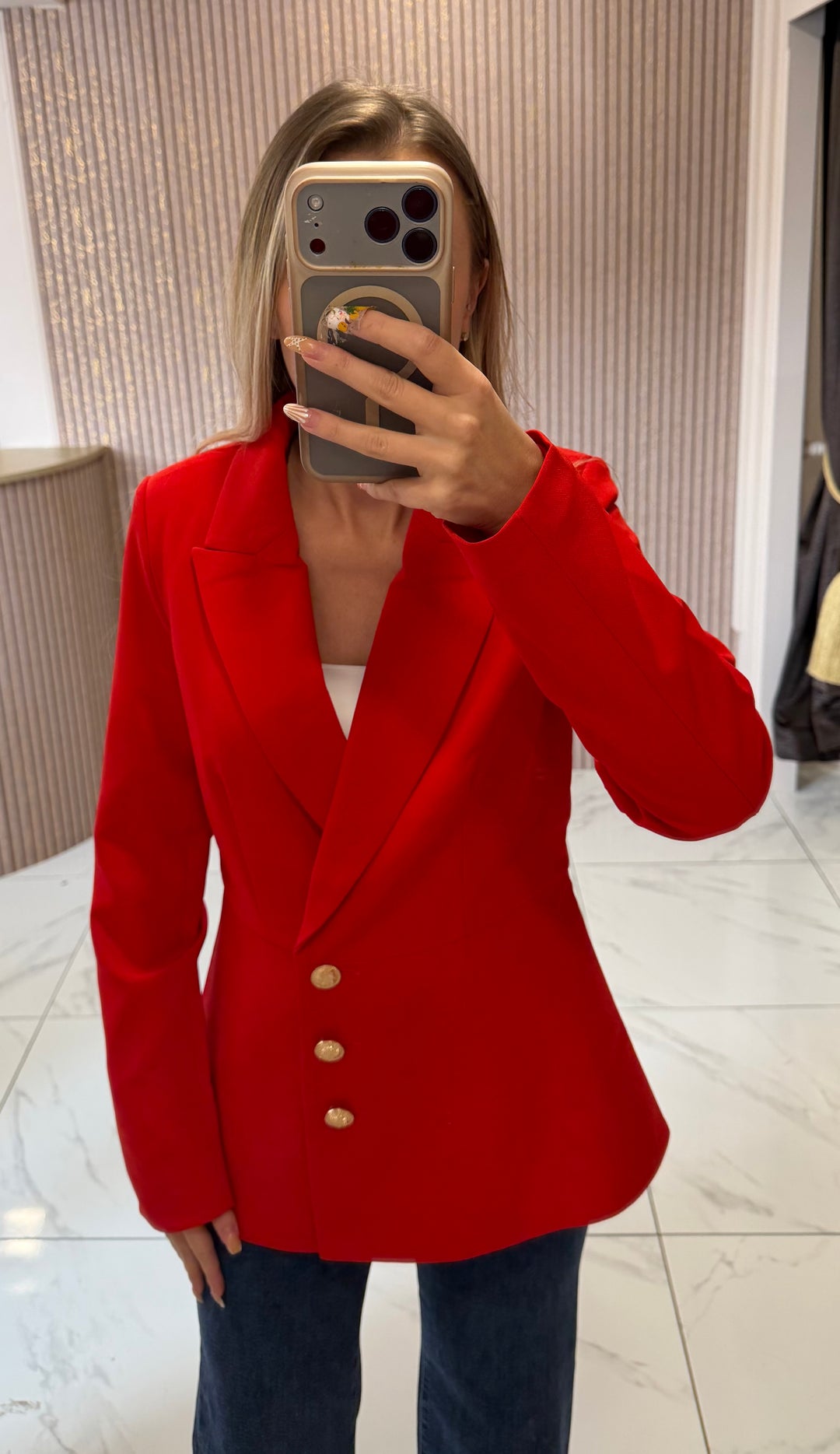 Charlotte Red Structured Blazer With Gold Buttons