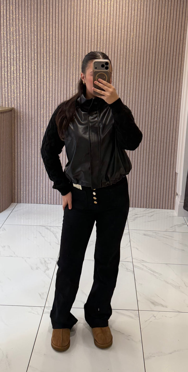 Georgie Black Faux Leather &amp; Cable Knit Jacket