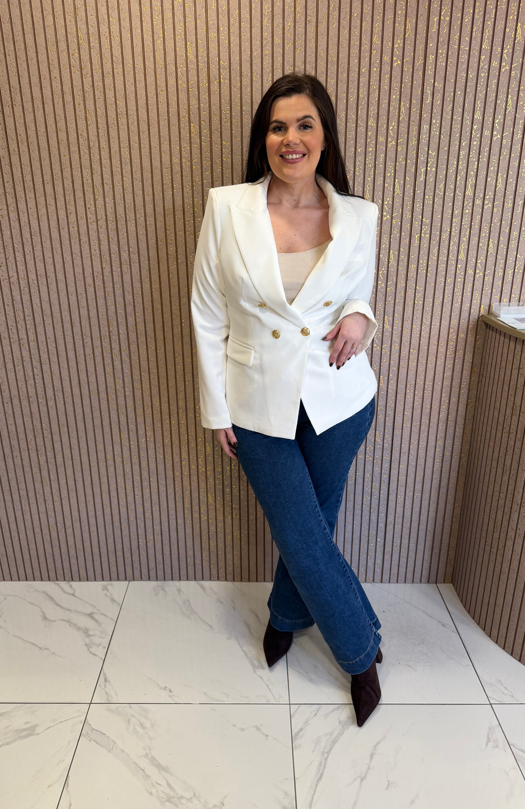Alena White Gold Button Double Breasted Blazer
