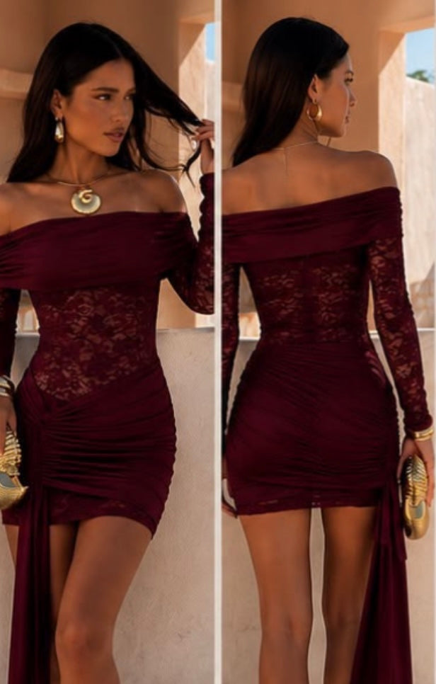 Mia Wine/Burgundy Fitted Ruched Drape Dress