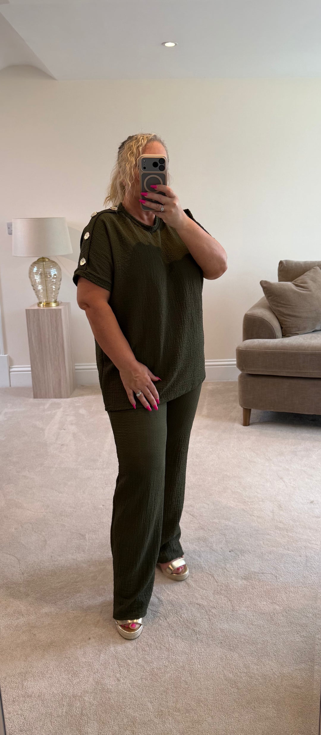 Zara Khaki Waffle Co Ord Set With Gold Button Shoulder Details