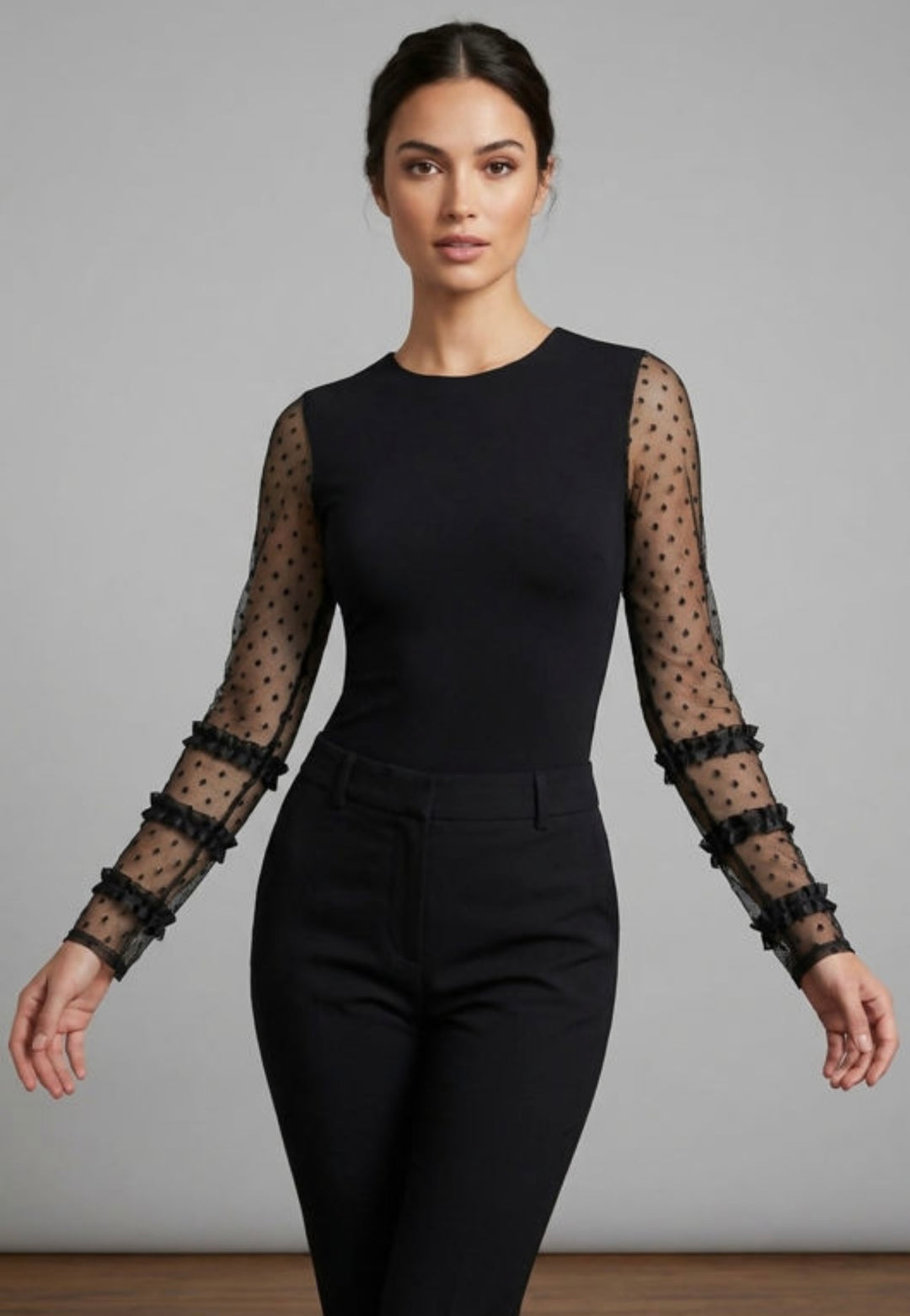 Priya Polka Dot Sleeve Black Bodysuit