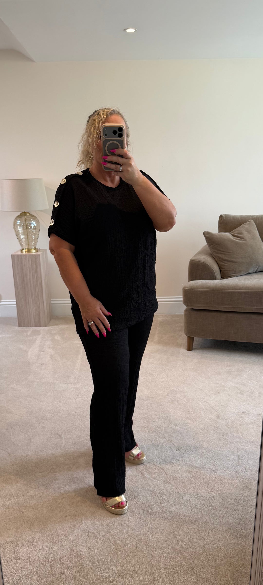 Zara Black Waffle Co Ord Set With Gold Button Shoulder Details