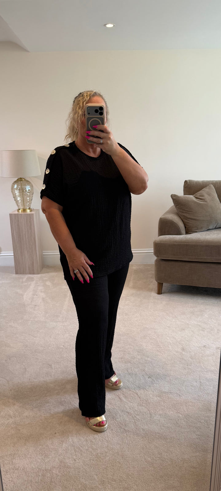Zara Black Waffle Co Ord Set With Gold Button Shoulder Details
