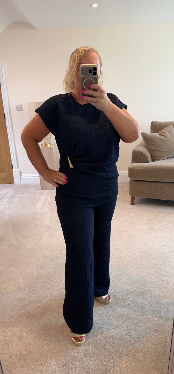 Nova Navy Waffle Gold Clasp Detail Co Ord Set