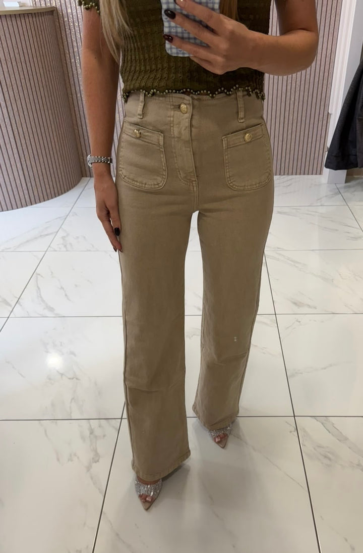 Tilly Beige Front Pocket Gold Button Jeans
