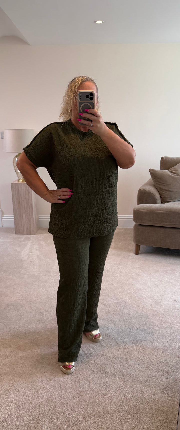 Zara Khaki Waffle Co Ord Set With Gold Button Shoulder Details