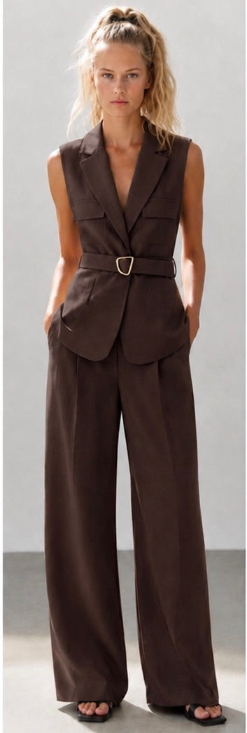 Mila Chocolate Waistcoat Top &amp; Trouser Co Ord Set