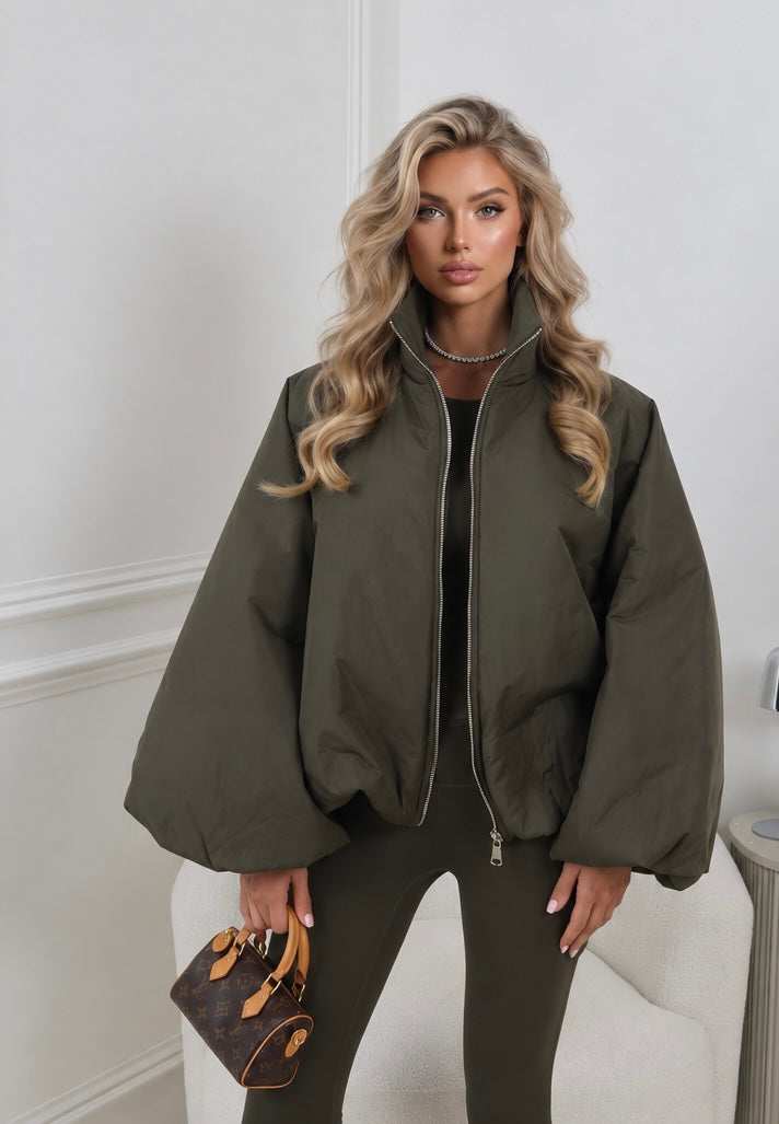 Renae Khaki Balloon Sleeve Puffer Jacket