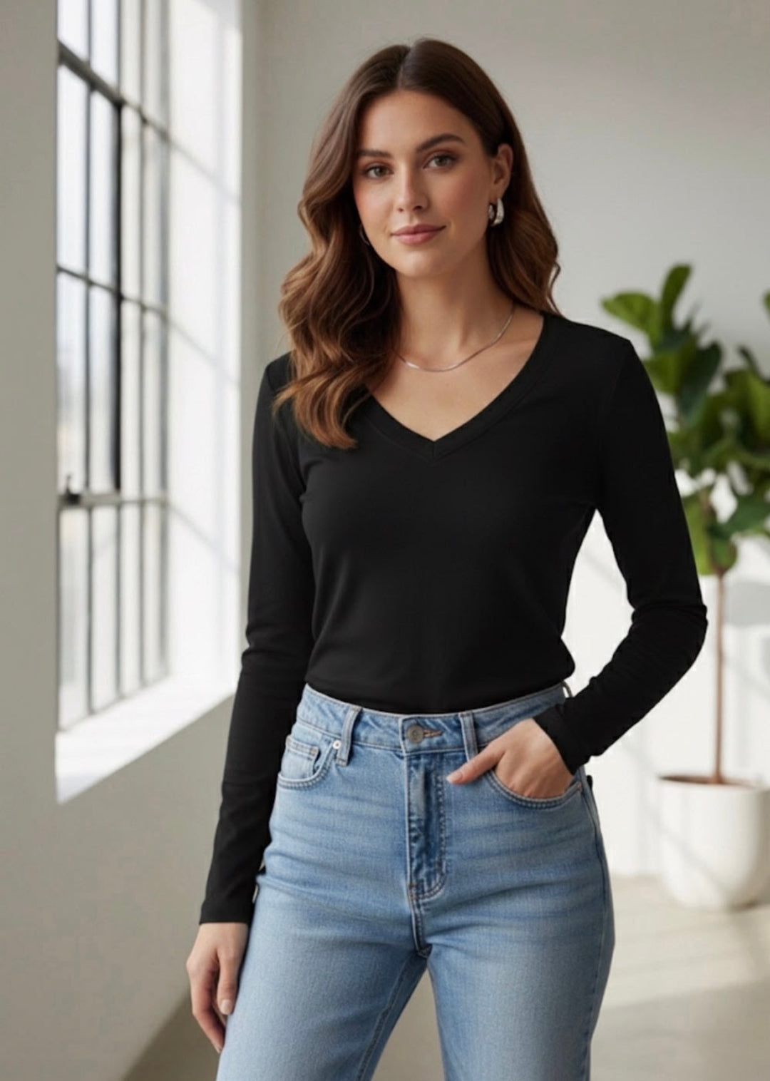 Lottie Black V Neck Cotton Long Sleeve Top