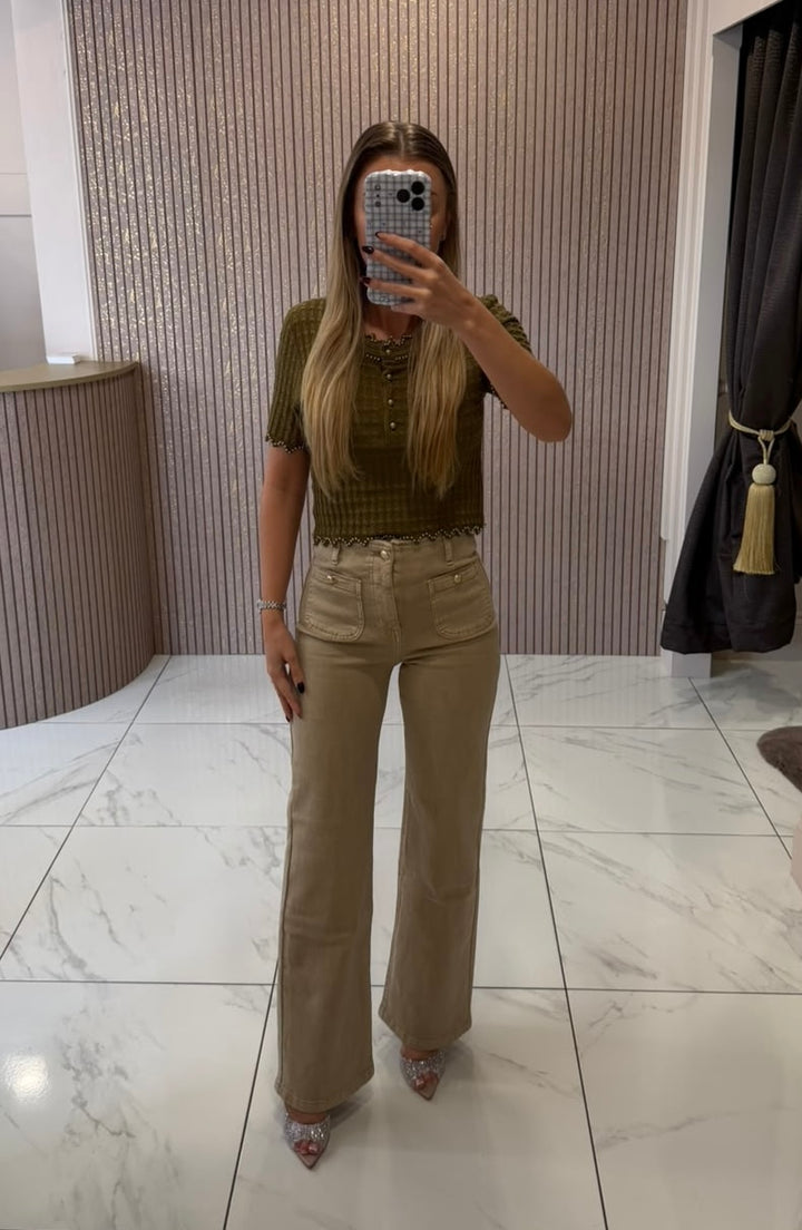 Tilly Beige Front Pocket Gold Button Jeans