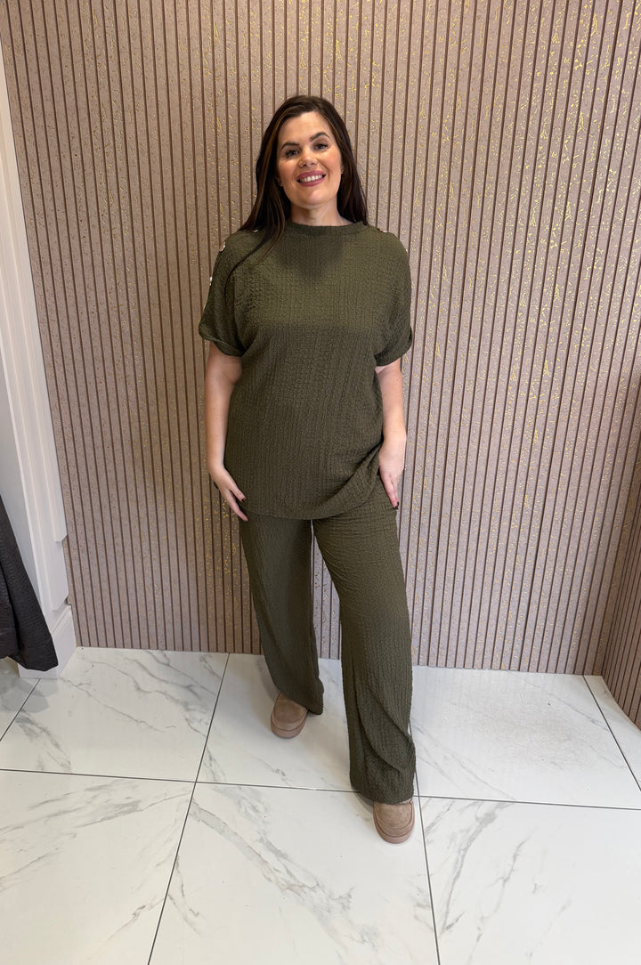Zara Khaki Waffle Co Ord Set With Gold Button Shoulder Details