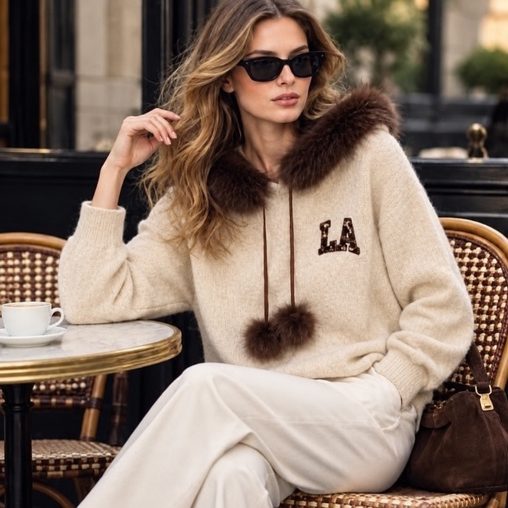 Los Angeles Cream Leopard Print Knit Jumper With Faux Fur Trim