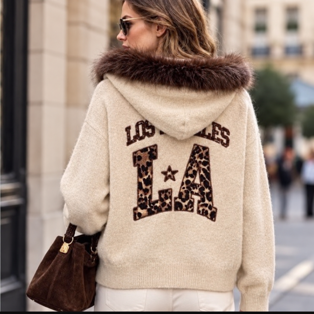 Los Angeles Cream Leopard Print Knit Jumper With Faux Fur Trim