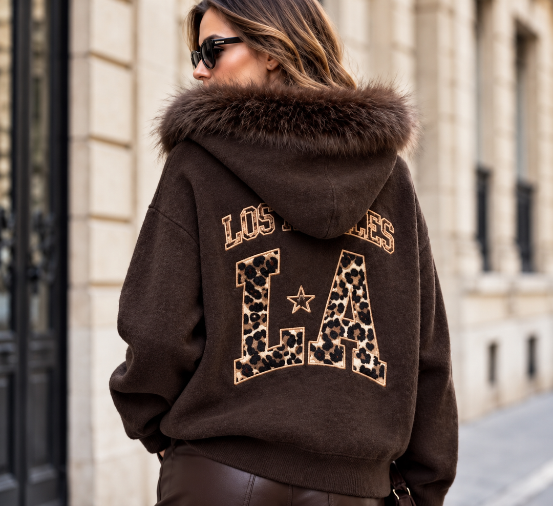 Los Angeles Chocolate Leopard Print Knit Jumper With Faux Fur Trim