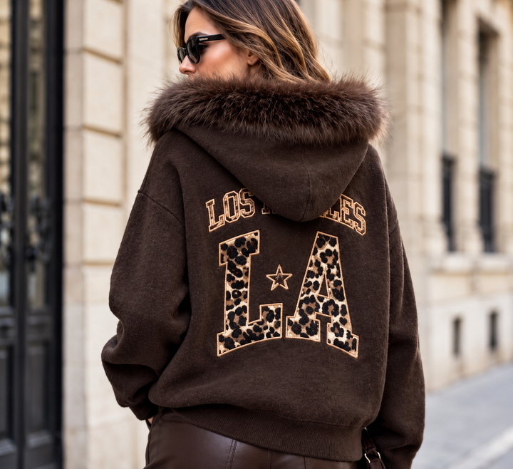 Los Angeles Chocolate Leopard Print Knit Jumper With Faux Fur Trim