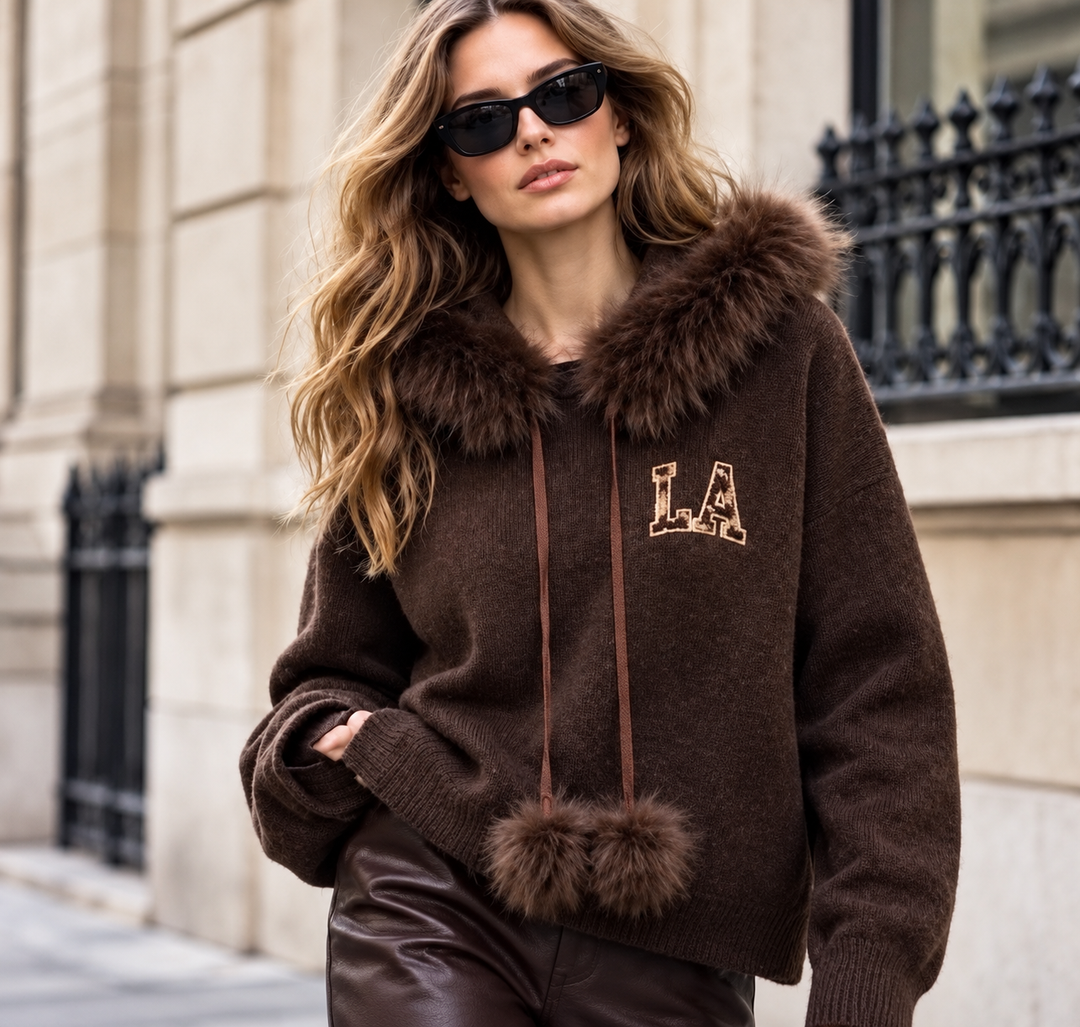 Los Angeles Chocolate Leopard Print Knit Jumper With Faux Fur Trim
