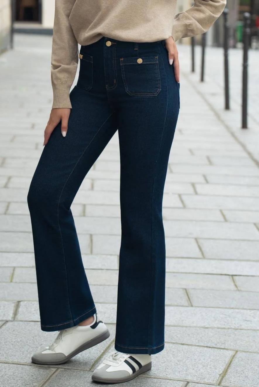Tilly Dark Blue Front Pocket Gold Button Jeans