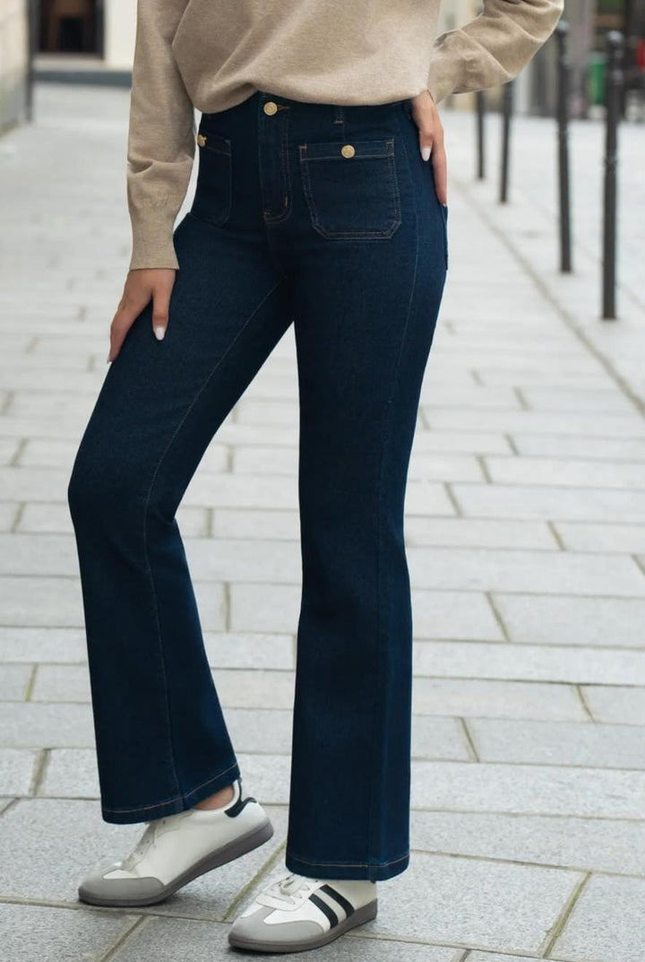 Tilly Dark Blue Front Pocket Gold Button Jeans