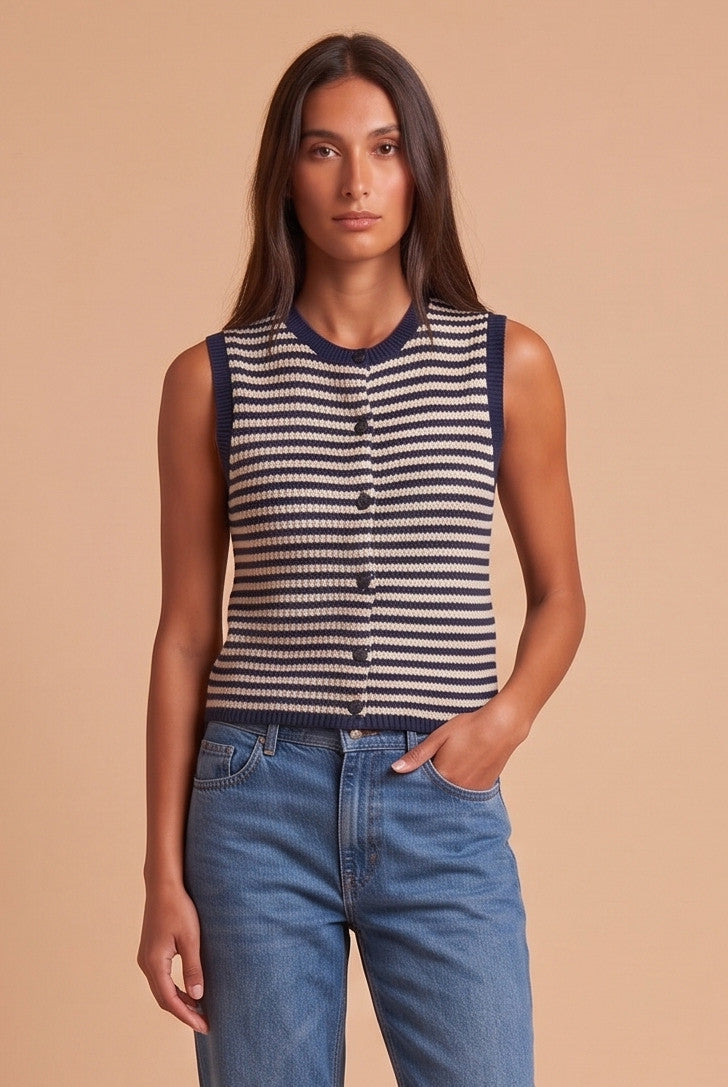 Honey Striped Navy Knit Button Front Top