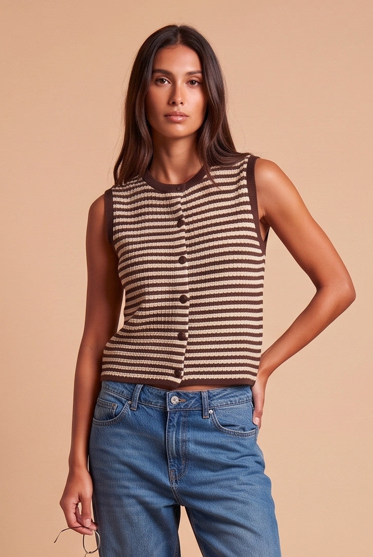 Honey Striped Chocolate Knit Button Front Top