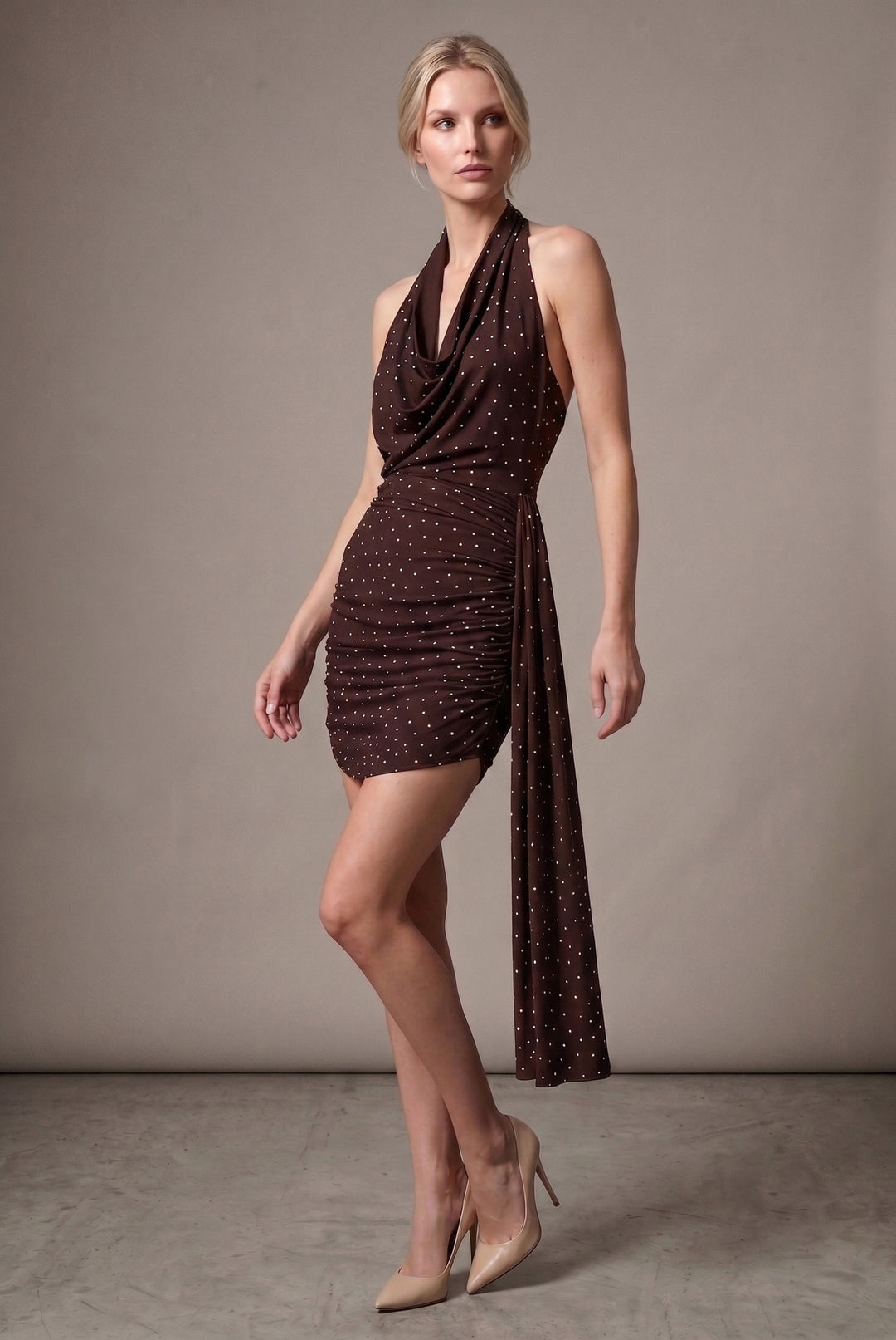 Emily Chocolate Polka Dot Ruched Mini Dress