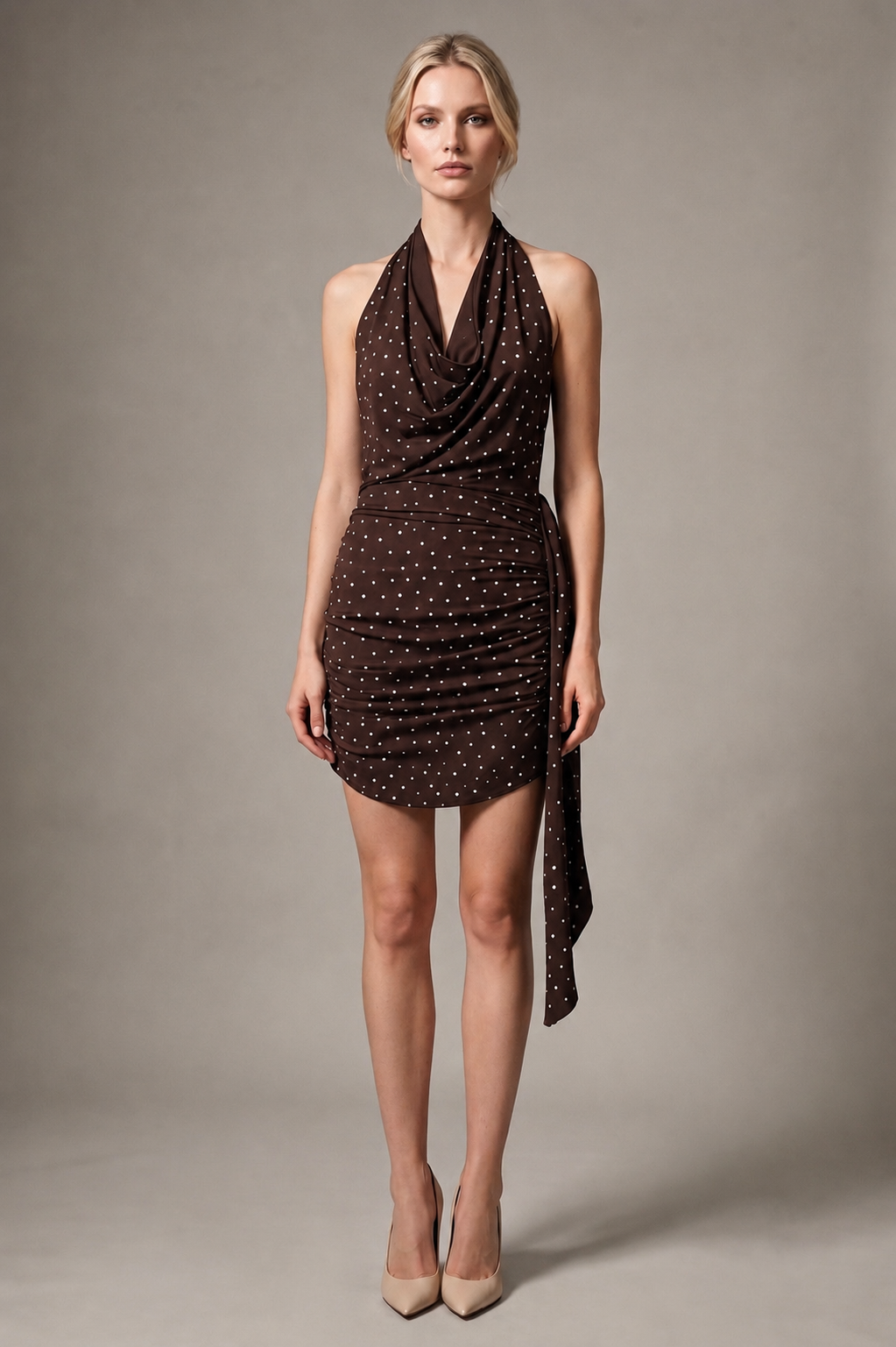 Emily Chocolate Polka Dot Ruched Mini Dress
