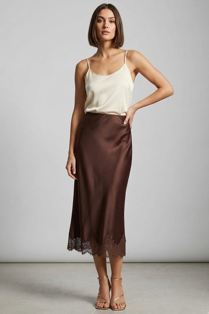 Sophie Satin Chocolate Lace Hem Midi Skirt