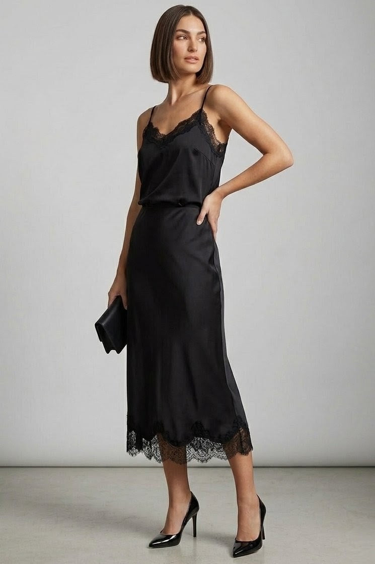 Sophie Satin Black Lace Hem Midi Skirt