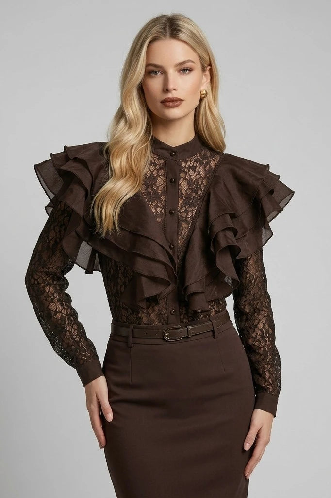 Bria Chocolate Lace Ruffle Blouse