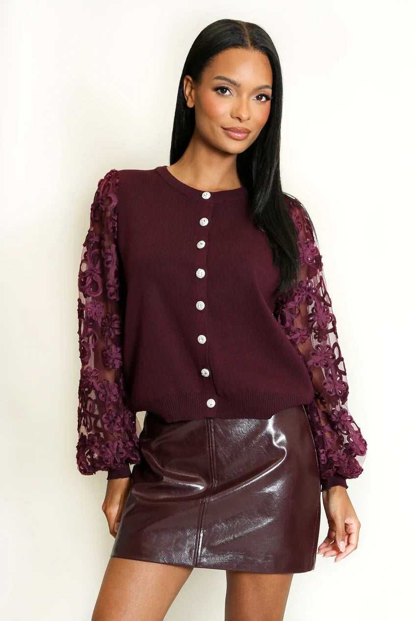Ella Wine/Burgundy Lace Sleeve Fine Knit Button Top